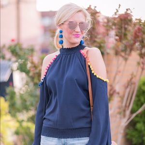 Navy Top with Pom Poms